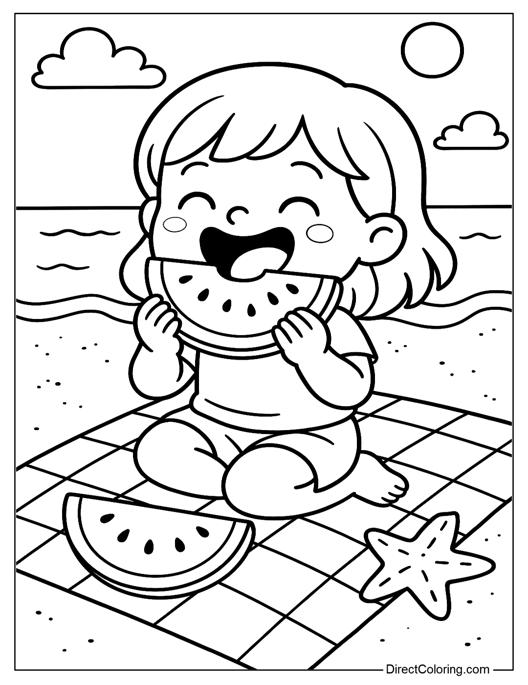 a beach coloring page with a slice of watermelon on a picnic towel, the baby is taking a big bite